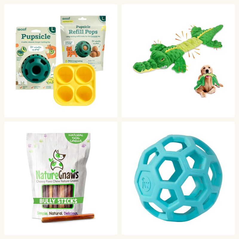 Dog enrichment toys and treats collage