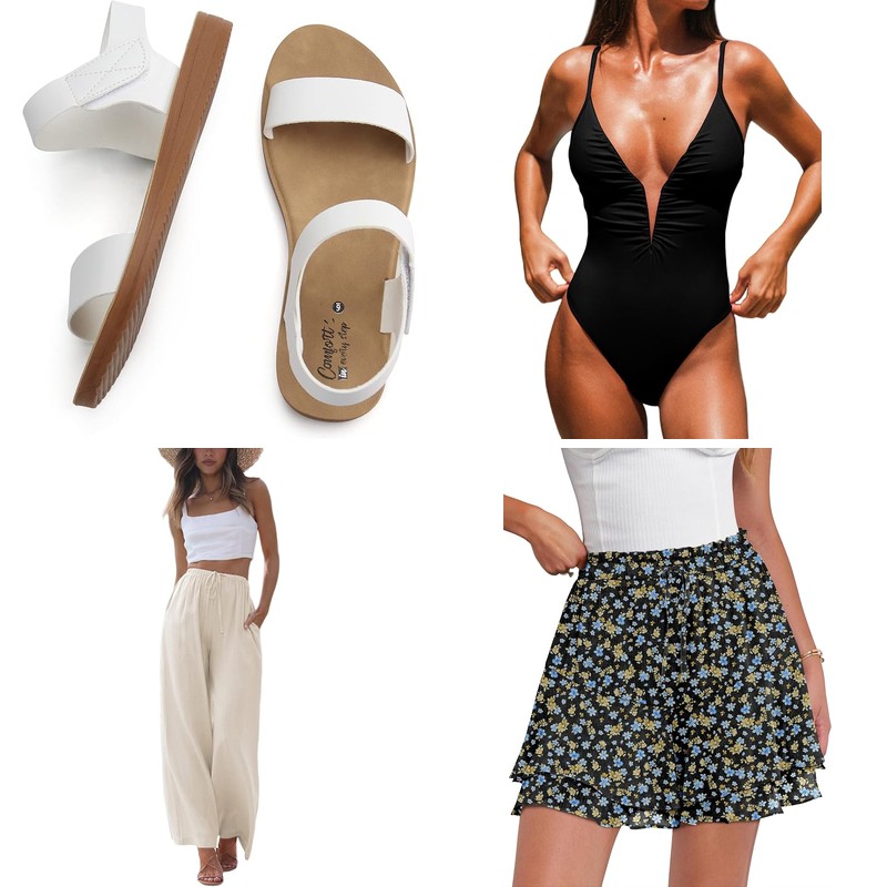 Sunny vacation outfits and packing essentials collage
